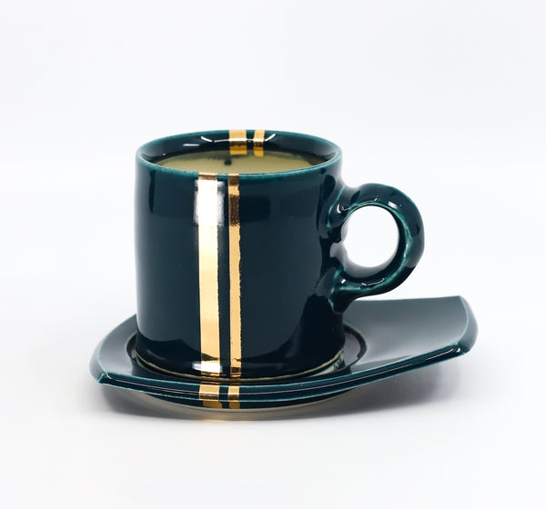 Espresso cup and saucer set in peacock and gold