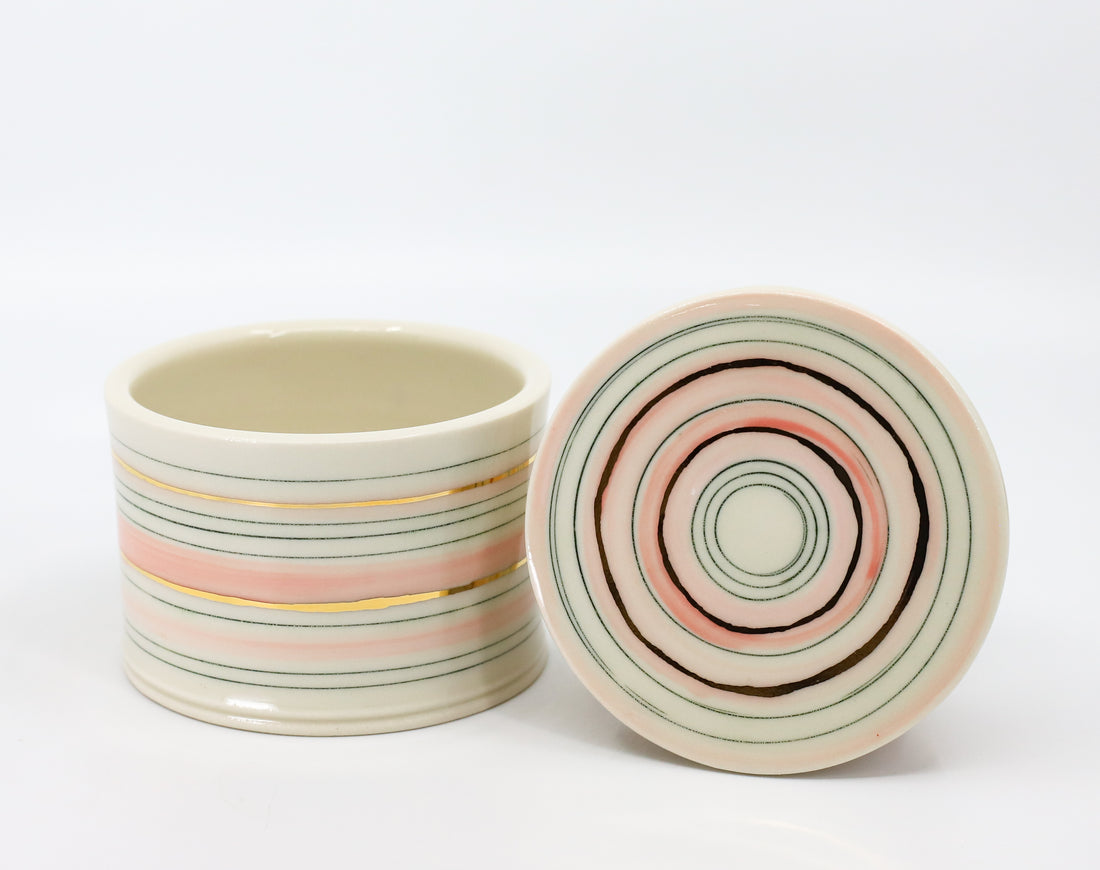 French butter dish in green and pink